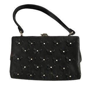 Mel Ton vintage Satin evening bag Purse Black Bow Crystal Applique Frame 50s